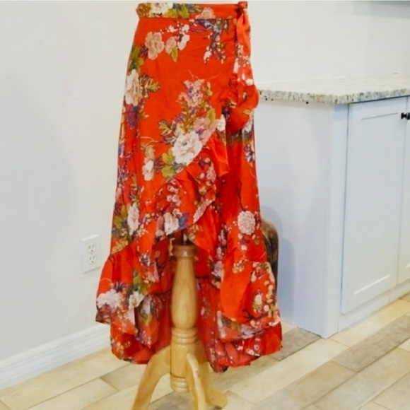 Jealous Tomato Floral Print Ruffle Hi Low Wrap Maxi Skirt Red Bohemian Gypsy S - Picture 4 of 6